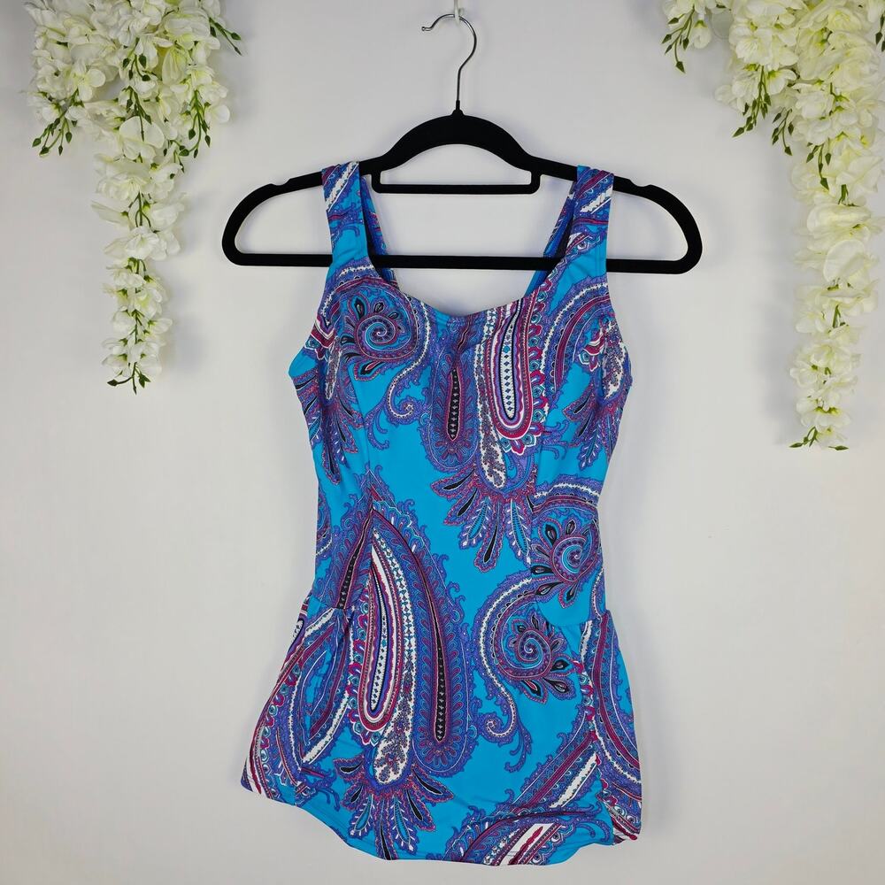 Swimsuits For All Swim Dress 10 Blue Paisley Tummy Control Swimwear Boho Modest
